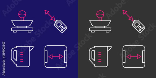 Set line Area measurement, Measuring cup, Laser distance measurer and Scales icon. Vector