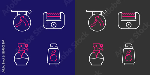 Set line Bottle of shampoo, Hairdresser pistol spray bottle, Electrical hair clipper and Barbershop with razor icon. Vector
