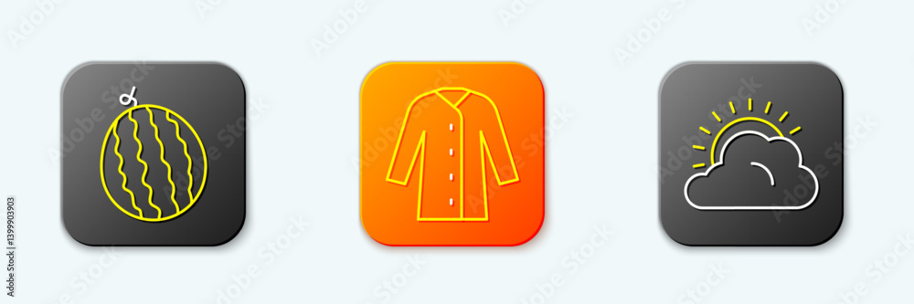Set line Watermelon, Raincoat and Sun and cloud weather icon. Vector Set line Watermelon, Raincoat and Sun and cloud weather icon. Vector