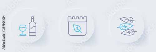 Set line Leaf or leaves, Calendar with autumn and Wine bottle glass icon. Vector
