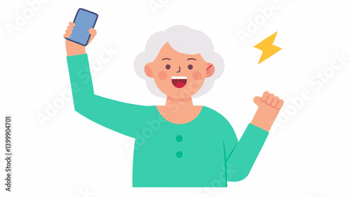 Happy Find An excited elderly woman raises her hand triumphantly showcasing her phone with a notification of a flash sale for electronics.