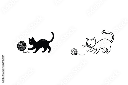 Playful Kitten Silhouettes Playing With Yarn Ball Cute Cartoon Illustration