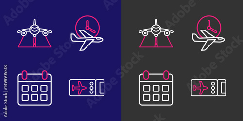Set line Airline ticket, Calendar and airplane, Flight time and Plane icon. Vector