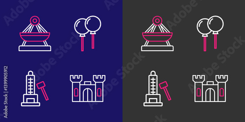 Set line Castle, Striker attraction with hammer, Balloons ribbon and Circus ticket icon. Vector