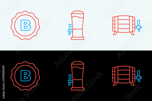 Set line Wooden barrel, Bottle cap with beer and Beer tap icon. Vector