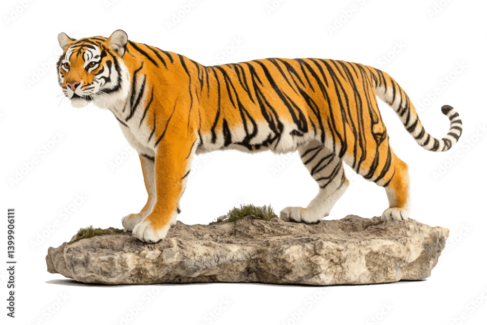 Obraz premium Majestic Tiger on the Prowl: A striking portrait of a tiger in its full glory, displaying the beauty of the wild, standing on a rocky surface, its presence exudes confidence and power.