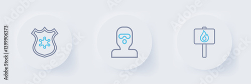 Set line Protest, Thief mask and Police badge icon. Vector