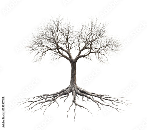 tree on white background. A tree that is seen standing with a taproot system. Roots, branches and root filaments, cross section with white background.