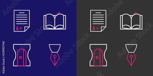 Set line Fountain pen nib, Pencil sharpener, Open book and Exam sheet with A plus grade icon. Vector
