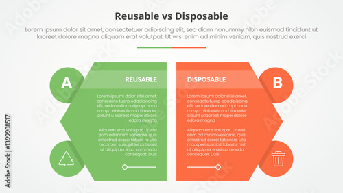 reusable vs disposable comparison opposite infographic concept for slide presentation with creative hexagon slice with circle badge with flat style