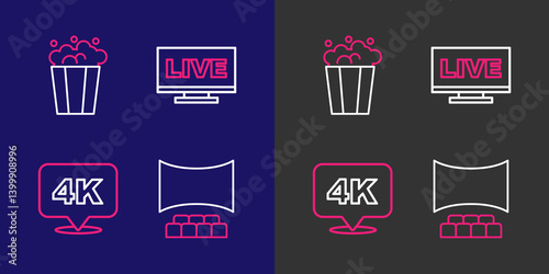 Set line Cinema auditorium with screen, 4k Ultra HD, Live stream and Popcorn cardboard box icon. Vector