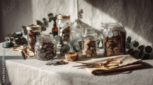 Styled tabletop arrangement featuring various glass jars filled with coins, set against a neutral-toned wool blanket backdrop, accented with eucalyptus leaves
