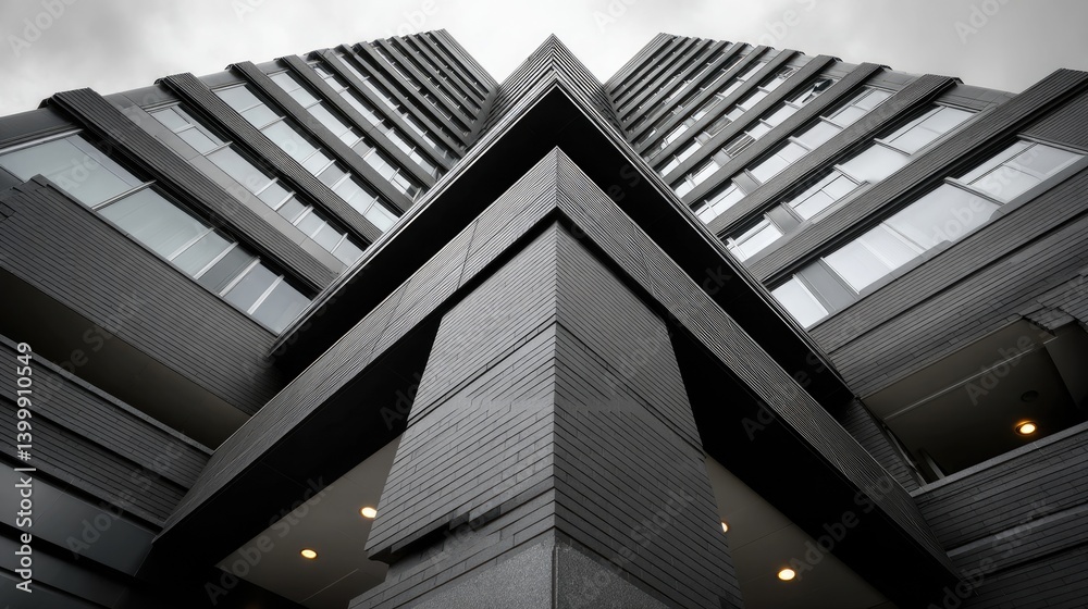 Fototapeta premium Tall building showcases modern architecture with a geometric pattern against a cloudy backdrop, captured from a low angle