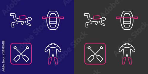 Set line Wetsuit for scuba diving, Paddle, Boat with oars and Scuba diver icon. Vector