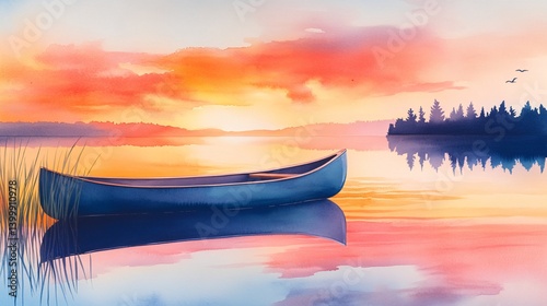Empty Canoe Drifting Silently Near Reeds at Sunset on a Tranquil Lake
