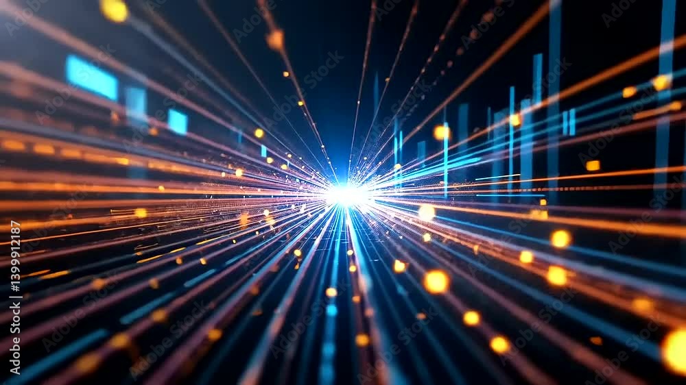 Abstract representation of digital energy flow with vibrant colors and light beams in a dark space Abstract representation of digital energy flow with vibrant colors and light beams in a dark space