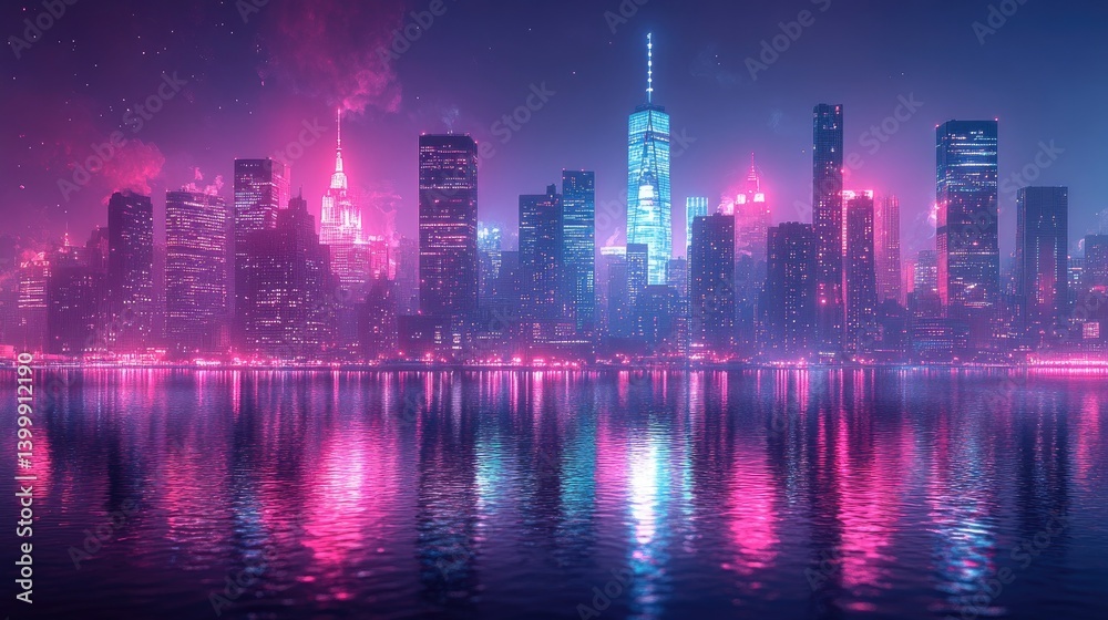 Fototapeta premium Cyberpunk Cityscape Reflecting On Water With Vibrant Neon Lights, Futuristic Design And A Night Atmosphere.