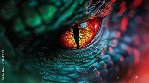 Dragon Eye Close-Up with Vibrant Red and Green Scale Patterns