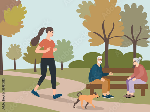 Senior couple sitting in the park, talking, young woman jogging with a dog