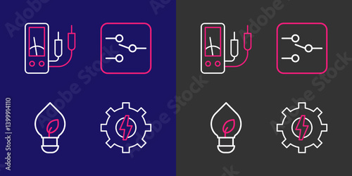 Set line Gear and lightning, Light bulb with leaf, Switch electronic circuit and Ampere meter, multimeter icon. Vector