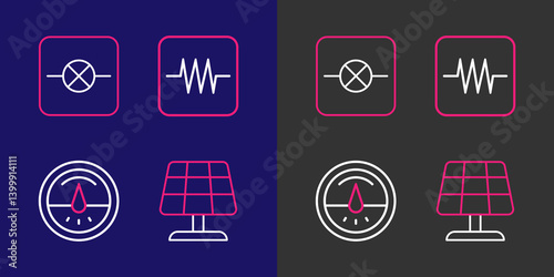 Set line Solar energy panel, Electric meter, Resistor in electronic circuit and Lamp icon. Vector