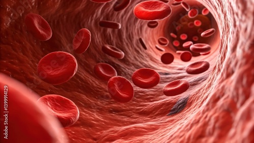 Blood cells flowing through a human blood vessel in vibrant detail.