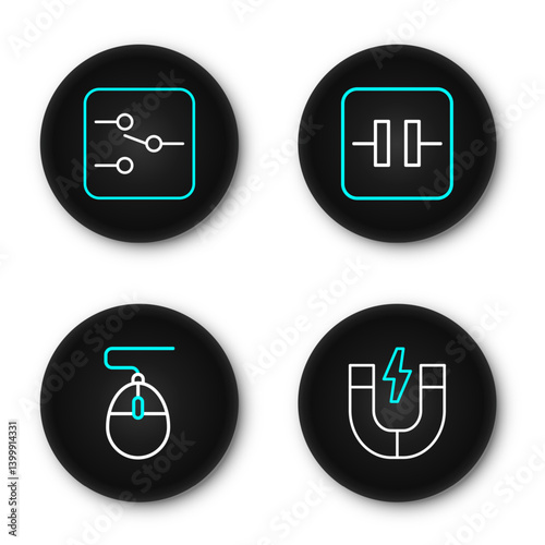 Set line Magnet, Computer mouse, Electrolytic capacitor and Switch in electronic circuit icon. Vector