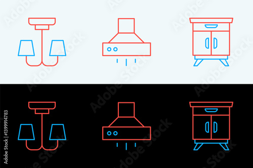 Set line Furniture nightstand, Chandelier and Kitchen extractor fan icon. Vector