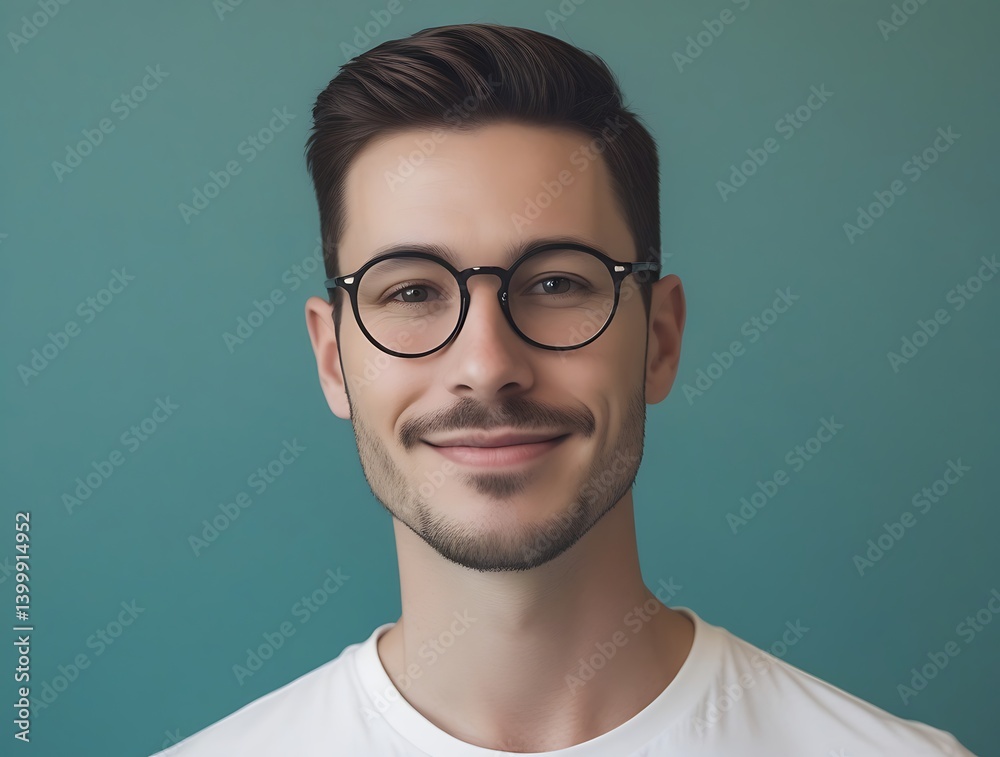 Stylish millennial man wearing eyeglasses and casual white shirt, posing confidently with a neat haircut and trimmed beard in a modern studio setup against a teal wall
Stylish millennial man wearing eyeglasses and casual white shirt, posing confidently with a neat haircut and trimmed beard in a modern studio setup against a teal wall