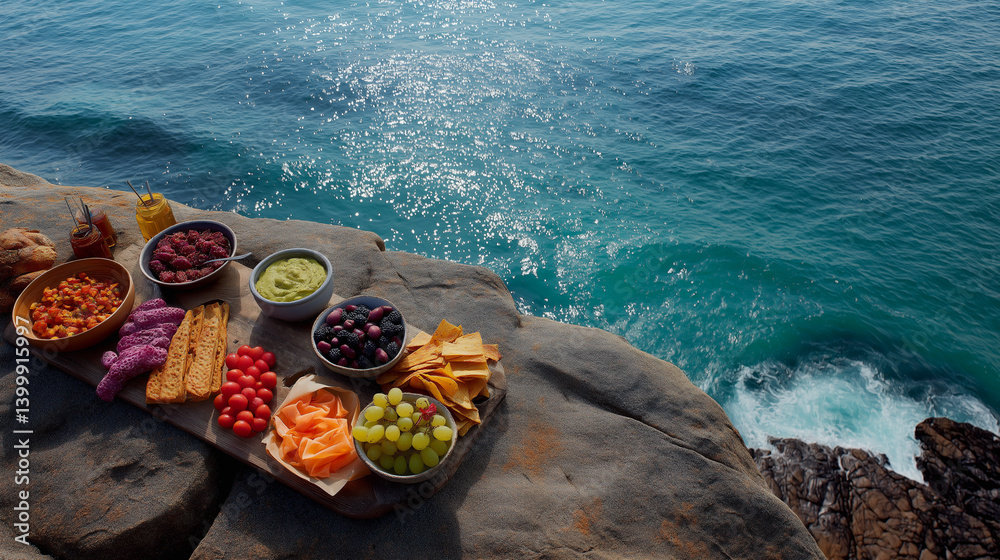 Colorful picnic spread on a rocky shoreline overlooking the ocean during a sunny afternoon
