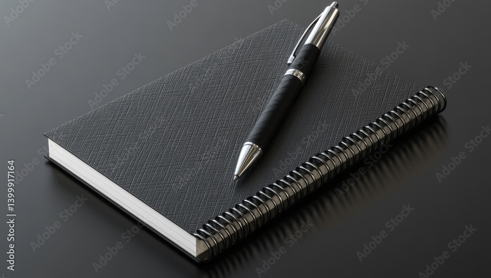 Black notebook and pen on a dark surface Black notebook and pen on a dark surface