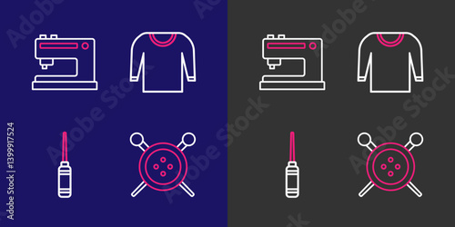 Set line Sewing button and knitting needles, Awl tool, Sweater and machine icon. Vector