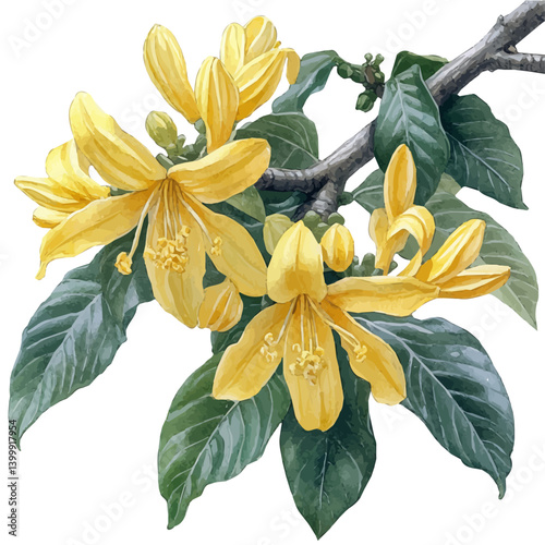 illustration of Ylang Ylang Branch, watercolor vector, isolated on a white background.