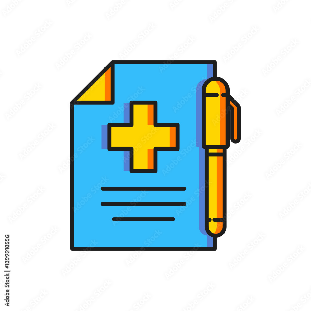 Obraz premium Color Medical prescription and pen icon isolated on white background. Rx form. Recipe medical. Pharmacy or medicine symbol. Flat filled outline style with shadow. Vector