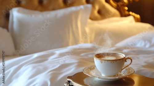 A steaming cup of coffee sits elegantly on a gold tray beside a luxurious bed with white linens