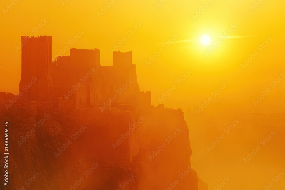 Sunset behind a medieval castle with dramatic fog enveloping the landscape Sunset behind a medieval castle with dramatic fog enveloping the landscape