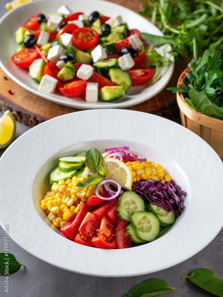 Colorful salad bowl with fresh ingredients served at a dining table Colorful salad bowl with fresh ingredients served at a dining table