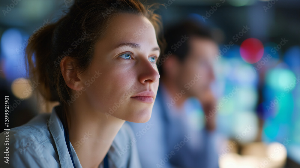 Obraz premium IT Engineer in High-Tech Monitoring Room with Data Displays and Precision