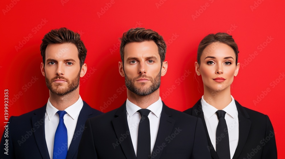Professional Business Team Portrait Against Bold Red Background, Confident Expressions and Stylish Attire Professional Business Team Portrait Against Bold Red Background, Confident Expressions and Stylish Attire