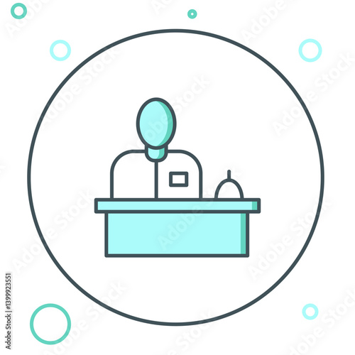 Line Receptionist standing at hotel reception desk icon isolated on white background. Colorful outline concept. Vector