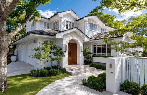 Obraz na płótnie a modern classic-style home in Sydney, white with some pastel colors and wooden accents, front yard with green grass, small trees, and shrubs. w salonie