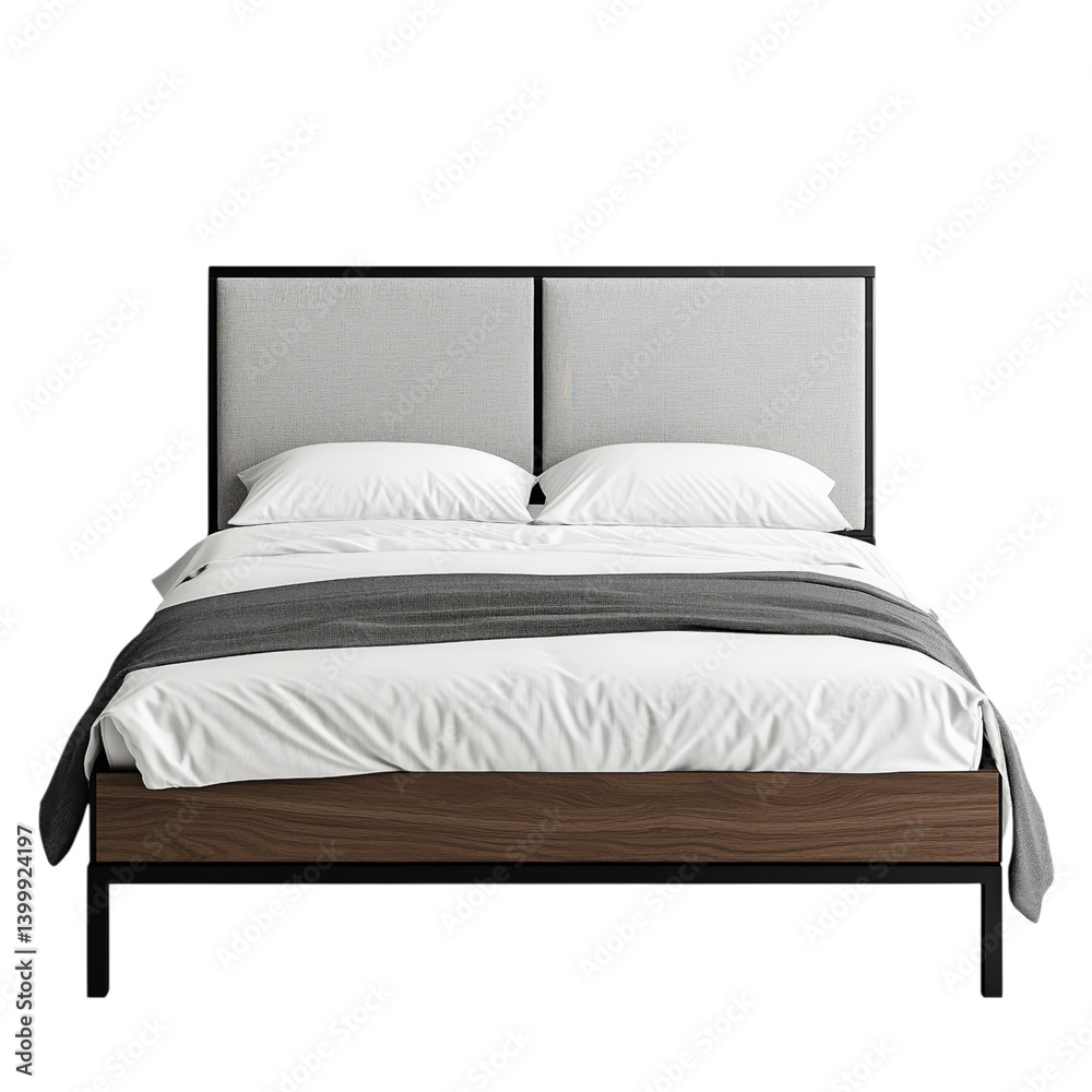 Modern bed with dark wood frame and upholstered gray headboard, neatly made with white bedding, front view, isolated on transparent.