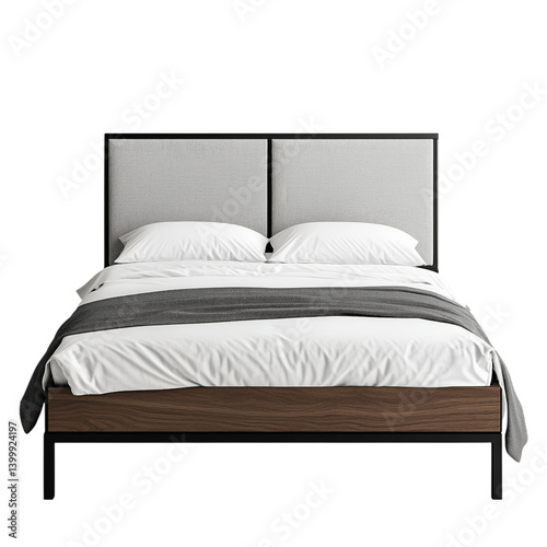 Obraz na płótnie Modern bed with dark wood frame and upholstered gray headboard, neatly made with white bedding, front view, isolated on transparent. w salonie