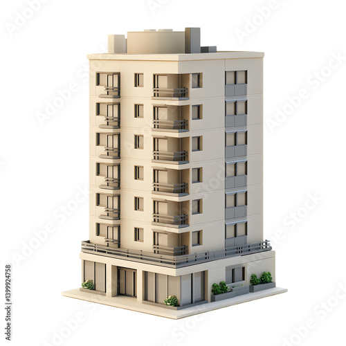3D model of a light beige apartment building.