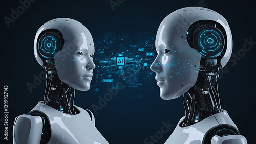 Robot Typing on Laptop with Digital Chat Bubbles – AI Communication Design
