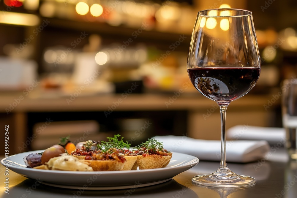 A glass of red wine complements a plate of flavorful tapas.