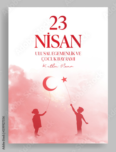 23 Nisan Ulusal Egemenlik ve Çocuk Bayramı Kutlu Olsun. (23rd April. national sovereignty and children's day) happy birthday. Boy and girl silhouettes with balloon moon and star icons. Atatürk günü.