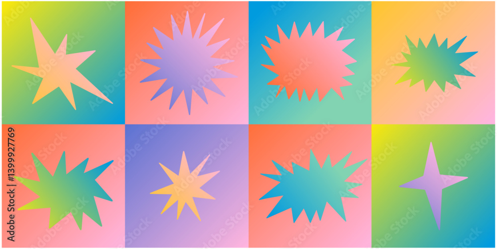 Set of colorful starburst shapes with gradient. Cute collection of stars and sparkle doodle.
Set of colorful starburst shapes with gradient. Cute collection of stars and sparkle doodle.