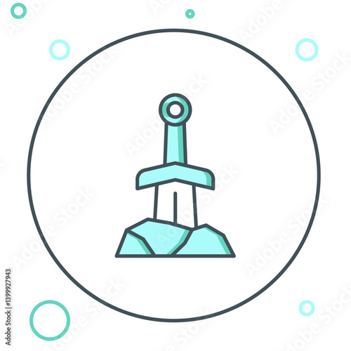 Line Sword in the stone icon isolated on white background. Excalibur the sword in the stone from the Arthurian legends. Colorful outline concept. Vector