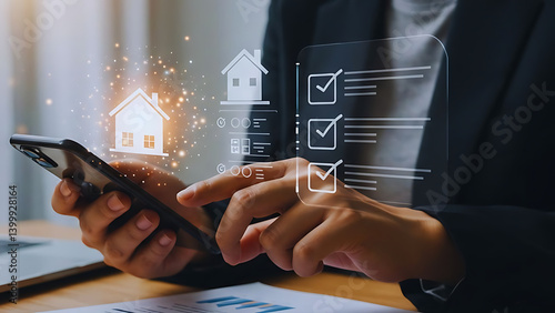 Online Housing Investment with AI-Powered Real Estate Dashboard | Digital Real Estate Interface on Smartphone with Smart Home Icon